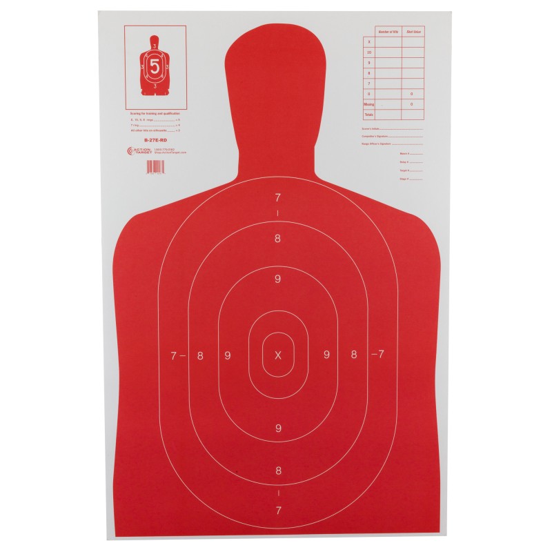 Action Target B-27E High Visibility Target, Fluorescent Red, Silhouette Cut Off Below Ring 7, 23