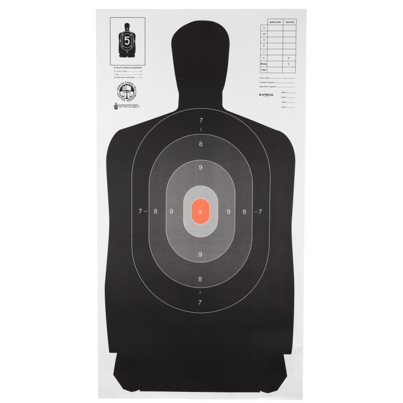 Action Target B-27 North Carolina Criminal Justice Academy Target, Shaded Scoring Rings Starting Outside And Going Dark To Light With A Bright Orange Center, 24