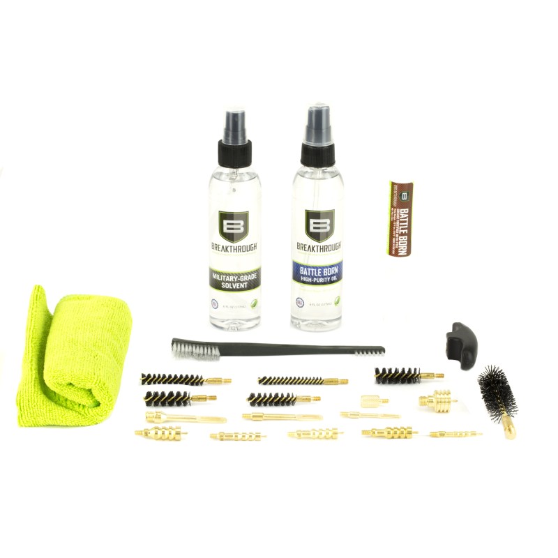 Breakthrough Clean Technologies (6) Nylon Bore Brushes (.22/.223 cal., .30 cal., .357 cal/.38 cal./9MM, 10MM/.40 cal., .45 cal., 12 Gauge), Shotgun Rod Adapter, Brass Shotgun Patch Holder, (2) Brass Patch Holders (.22/.223 