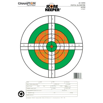 Champion Traps & Targets Fluorescent Orange/Green Bullseye Scorekeeper Target, 25 Yard Pistol Slow Fire, 12 Pack 45760