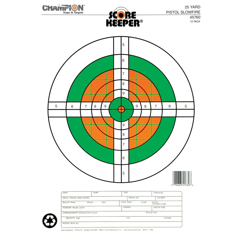 Champion Traps & Targets Fluorescent Orange/Green Bullseye Scorekeeper Target, 25 Yard Pistol Slow Fire, 12 Pack 45760