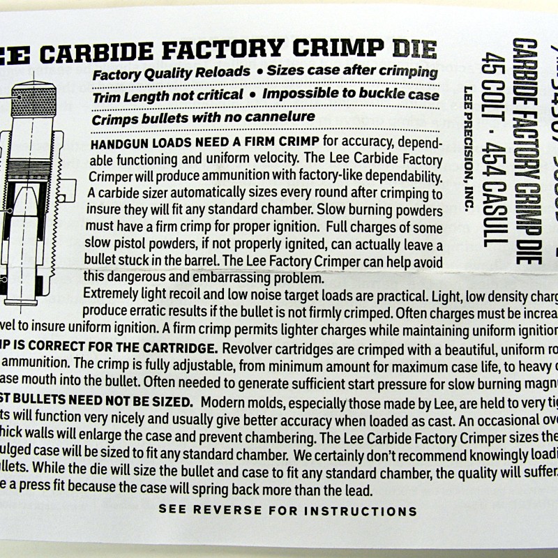 Lee Precision Carbide Factory Crimp Die Instructions 45 Colt