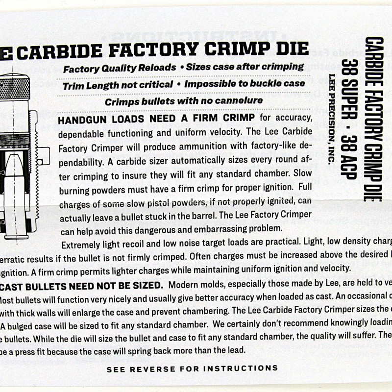 Lee Precision Carbide FC Instructions 38 Super 38 ACP