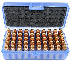 FS Reloading brand small pistol plastic ammo box with 9mm ammo which is sold separately